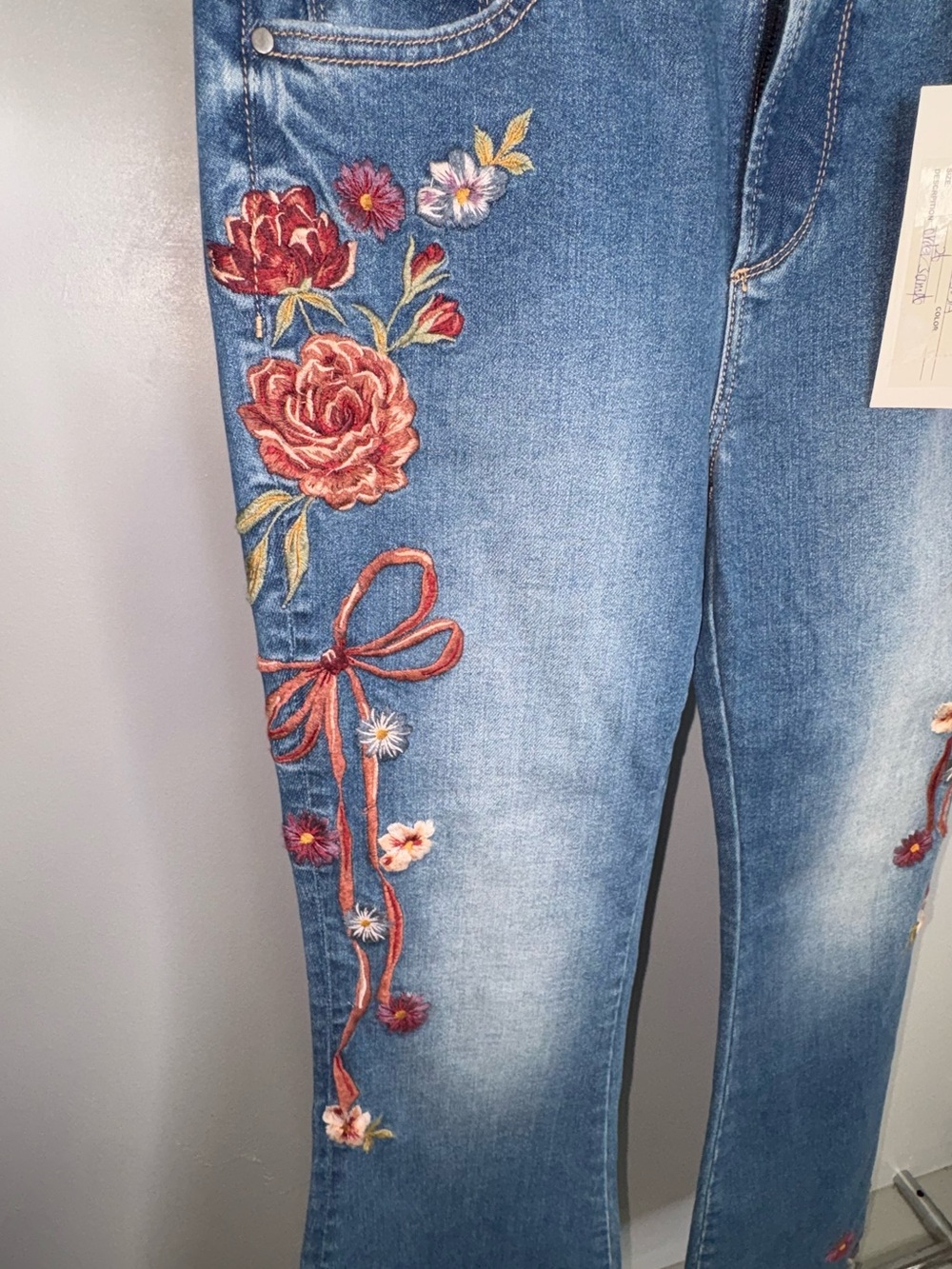DRIFTWOOD Blue Flare Jeans with Red Floral Embroidery - Picture 2 of 7